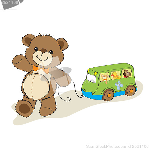 Image of teddy bear toy pulling a bus