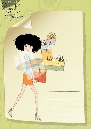 Image of birthday card - pretty young lady with arms full of gifts