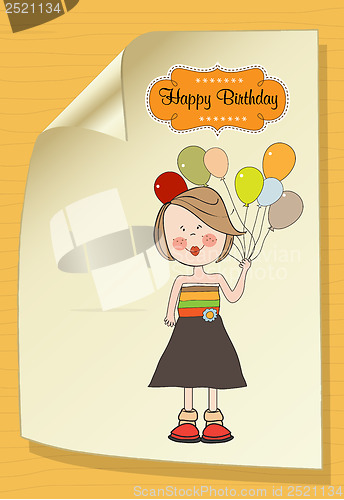 Image of Funny girl with balloon, birthday greeting card