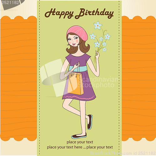 Image of pretty girl with gift and flowers. birthday card