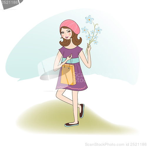 Image of pretty girl with gift and flowers. birthday card