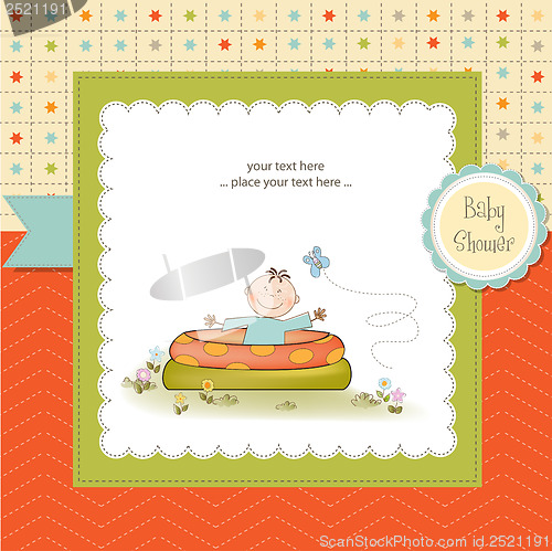 Image of baby bathe in a small pool . shower announcement card