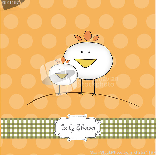Image of new baby announcement card with chicken and mother