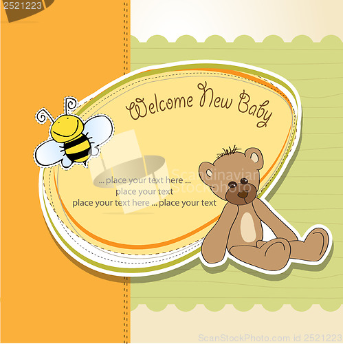 Image of baby shower card with teddy bear toy