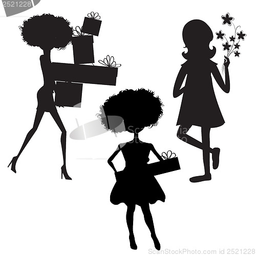 Image of set of three girls silhouettes at birthday party isolated on whi