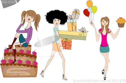 Image of set of three young girls at birthday party isolated on white bac