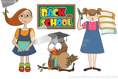 Image of set of two happy young girls at school isolated on white backgro