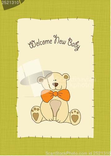 Image of baby shower card with teddy bear toy