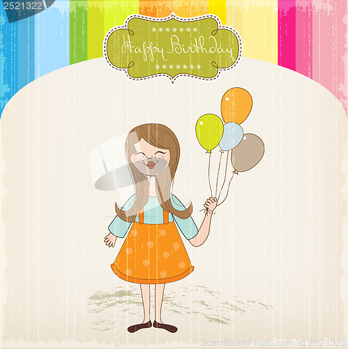 Image of Funny girl with balloon, birthday greeting card