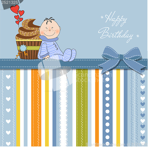 Image of birthday greeting card with cupcake and little baby