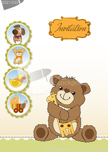 Image of childish greeting card with teddy bear and his toy