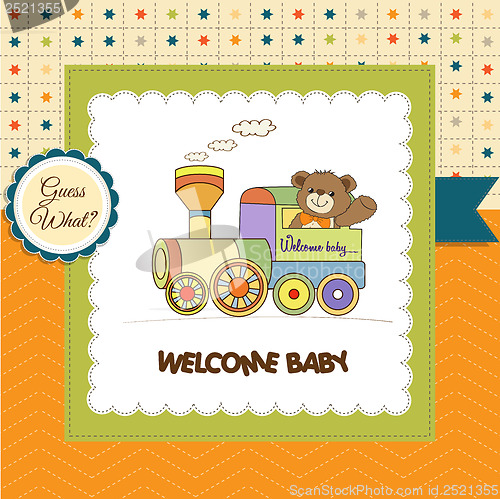 Image of baby shower card with teddy bear and train toy