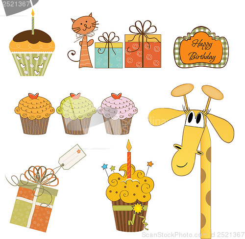 Image of set of cupcake and other bithday items isolated on white backgro