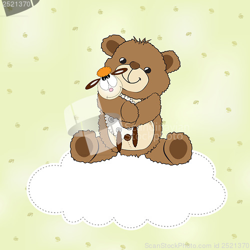 Image of childish greeting card with teddy bear and his toy