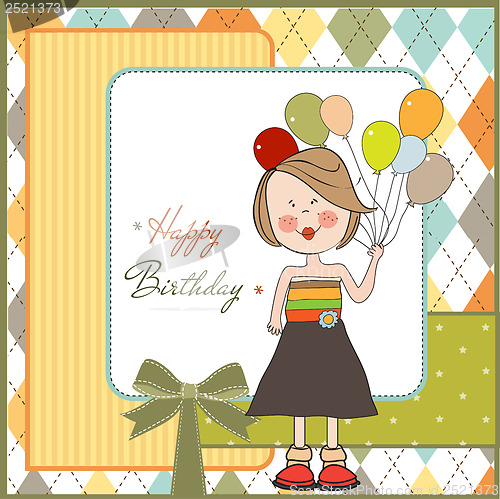 Image of Funny girl with balloon, birthday greeting card