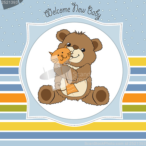 Image of baby shower card with teddy bear and his toy