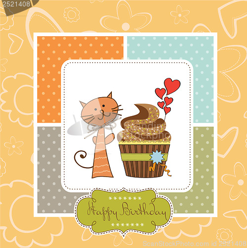 Image of birthday greeting card with cupcake and cat