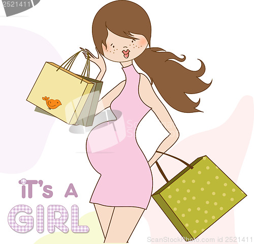 Image of baby announcement card with beautiful pregnant woman on shopping