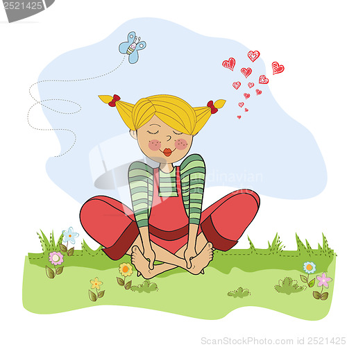 Image of romantic girl sitting barefoot in the grass