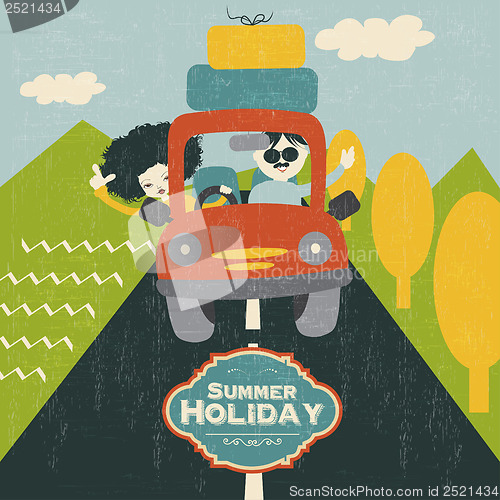 Image of retro  couple traveling by car
