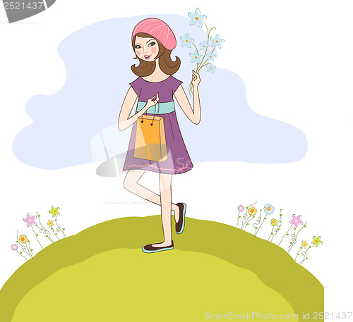 Image of pretty girl with gift and flowers. birthday card