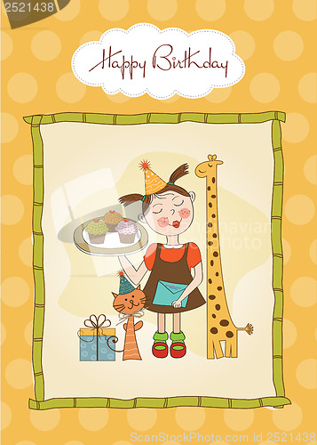 Image of Happy Birthday card with funny girl, animals and cupcakes