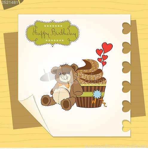 Image of birthday greeting card with cupcake and teddy bear
