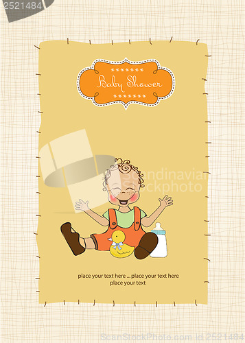 Image of baby boy playing with his duck toy, welcome baby card