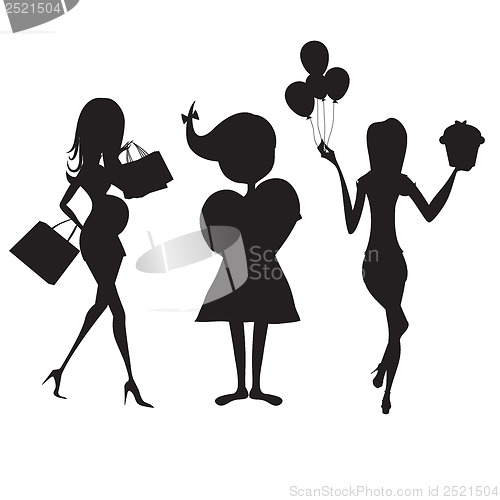 Image of set of three girls silhouettes at birthday party isolated on whi