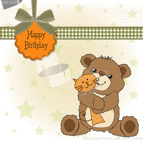 Image of birthaday greeting card with teddy bear and his toy