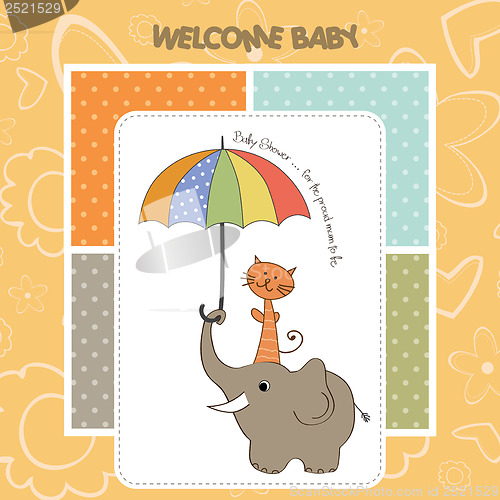 Image of baby shower card with funny elephant and little cat under umbrel