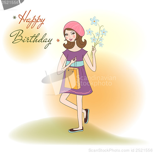 Image of pretty girl with gift and flowers. birthday card