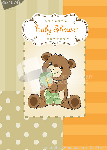 Image of baby shower card with teddy bear and his toy