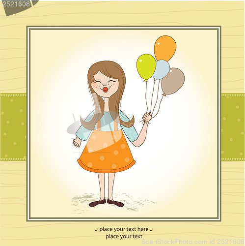 Image of Funny girl with balloon, birthday greeting card