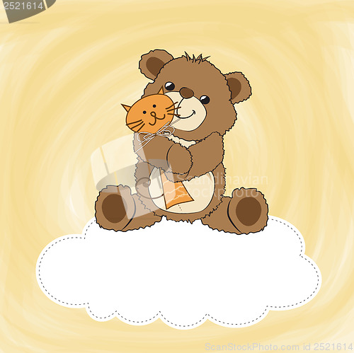 Image of childish greeting card with teddy bear and his toy