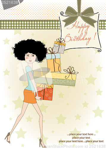 Image of birthday card - pretty young lady with arms full of gifts
