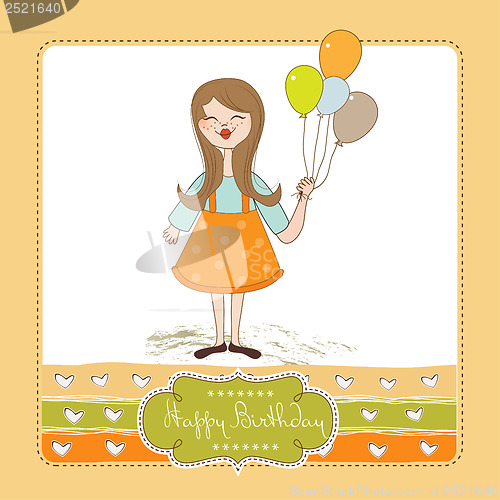 Image of Funny girl with balloon, birthday greeting card