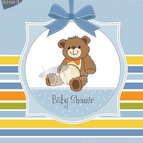 Image of baby shower card with cute teddy bear toy