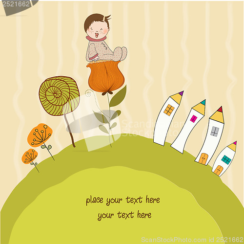 Image of greeting card with a baby sitting on a flower