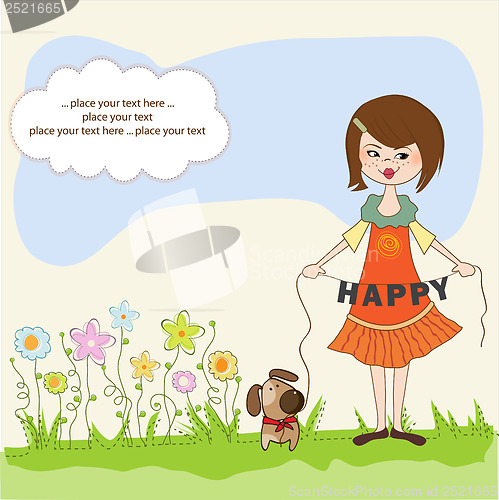 Image of happy girl with cute dog