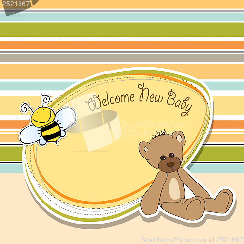 Image of baby shower card with teddy bear toy