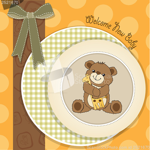 Image of baby shower card with teddy bear and his toy