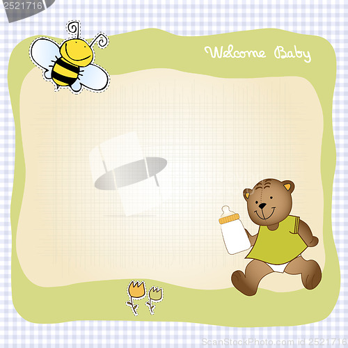 Image of baby shower card with teddy bear toy