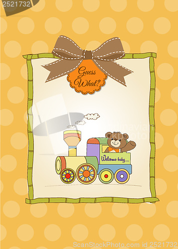 Image of baby shower card with teddy bear and train toy