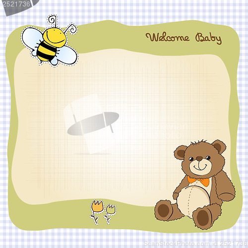 Image of baby shower card with cute teddy bear toy