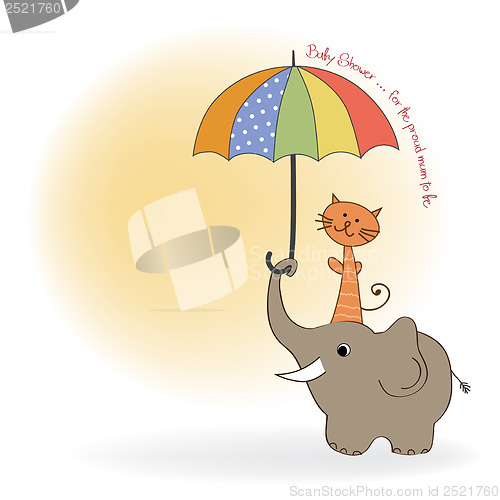 Image of baby shower card with funny elephant and little cat under umbrel