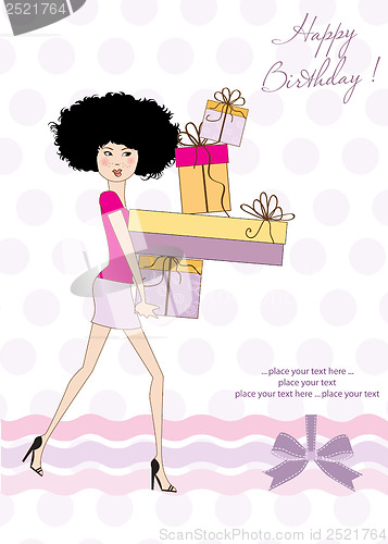 Image of birthday card - pretty young lady with arms full of gifts