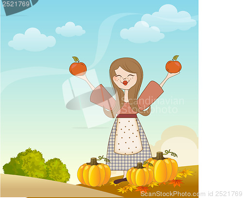 Image of autumn girl with apples and pumpkins
