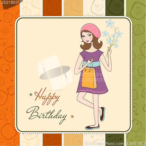 Image of pretty girl with gift and flowers. birthday card