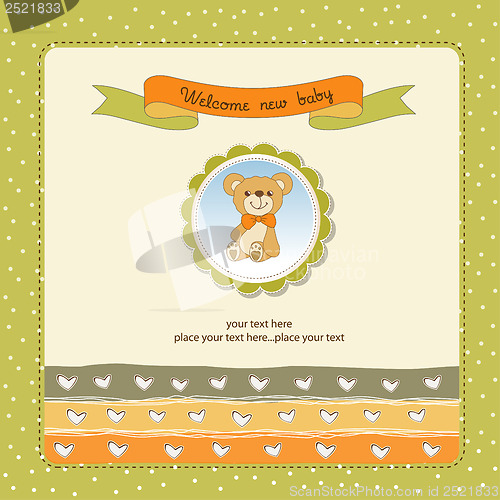 Image of baby shower card with teddy bear toy